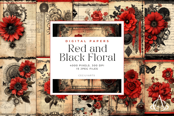 Download Red and Black Floral Junk Journal Pages - Journal pages Collection