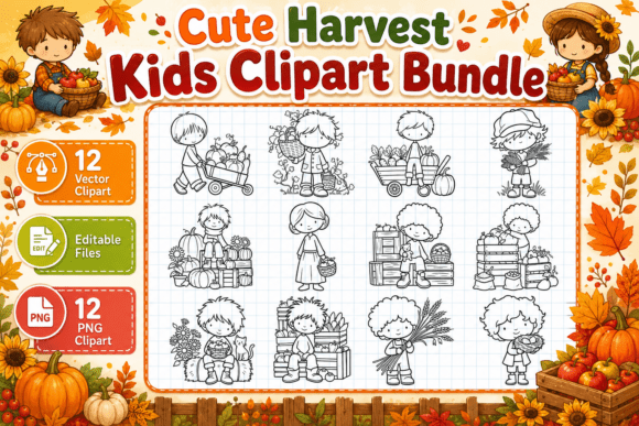 Download Cute Fall Harvest Kids Stamp Clipart PNG - Kids Collection