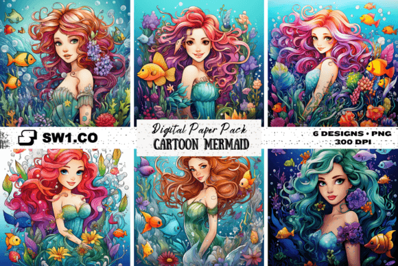 Download Digital Paper Cartoon Mermaid Background - Background Collection